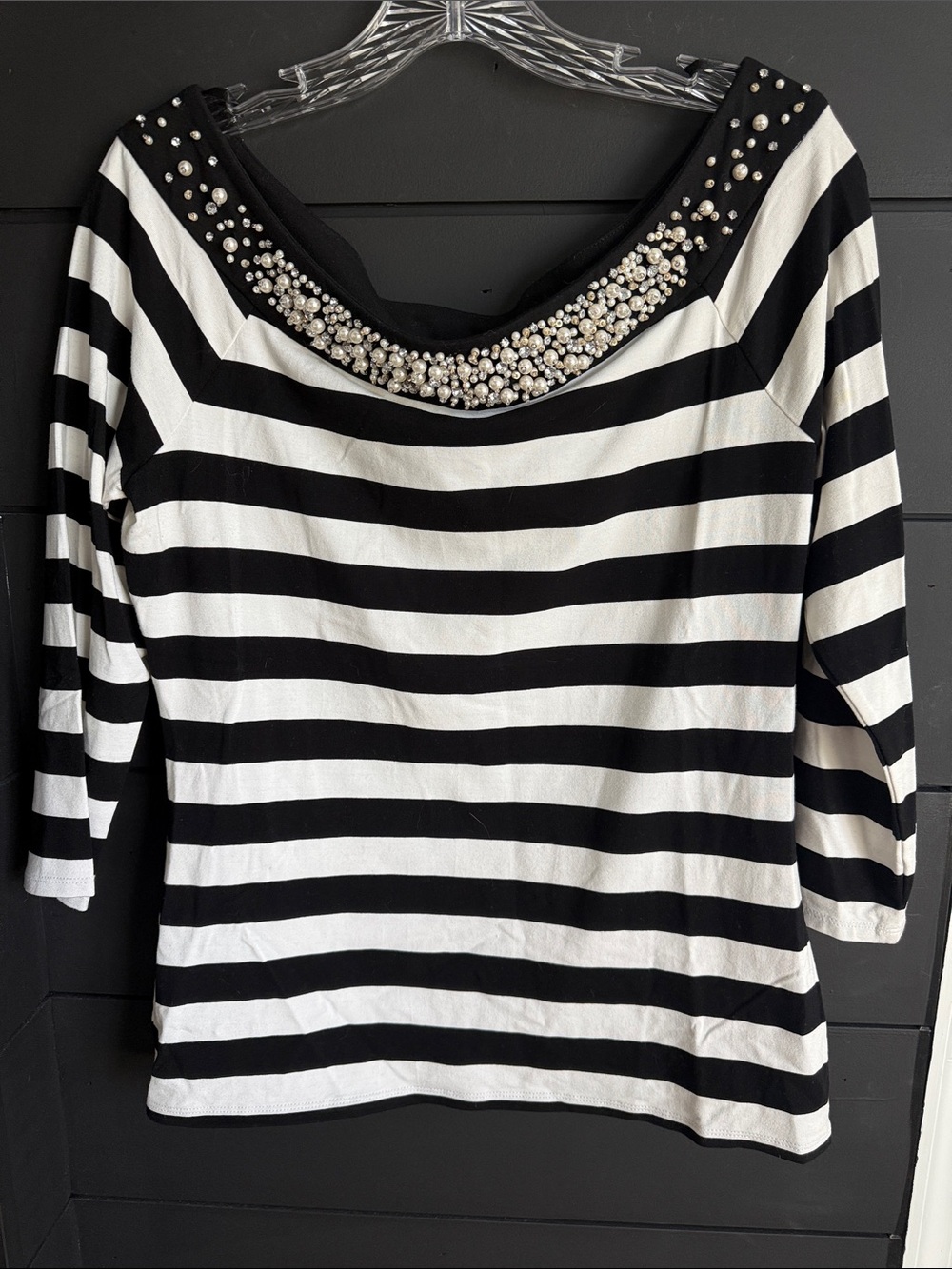 White House Black Market Black & White Striped Embellished Boatneck Top